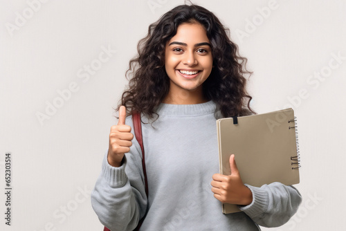 Indian college girl student smiling and showing thumps up