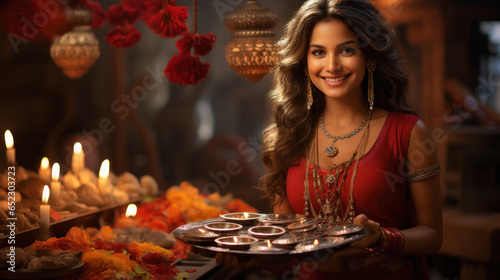 Happy indian woman Celebrating Diwali. holding Pooja Thali in hand. photo