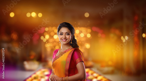 Beautiful indian woman in traditional saree and celebrating diwali festival.