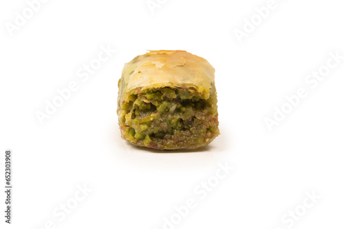 Turkish pistachio baklava isolated on white background.
