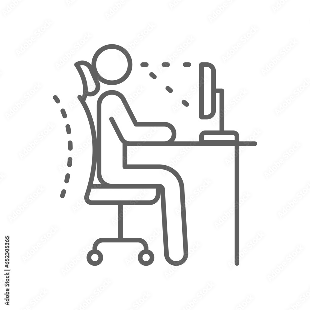 Ergonomic workplace icon. Computer desk workstation infographic correct postures office syndrome of back body position for spine, neck care, eye sight . Editable stroke Vector illustration. - obrazy, fototapety, plakaty 