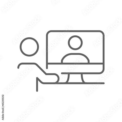 Video meeting icon. Virtual conference with People on computer screen. Remote working from home office. Digital communication. Editable stroke Vector illustration. Design