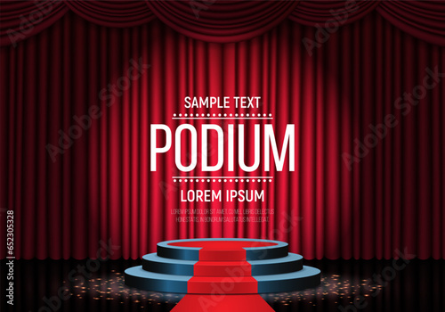 Podium illuminated by spotlights with a red carpet and curtain. Empty pedestal for award ceremony or presentation. Vector illustration.