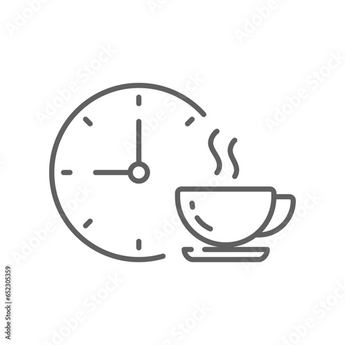 Coffee time icon, tea time. Hot coffee cup and time symbol for take a break or short rest period. Morning breakfast beverage. Editable stroke vector illustration. Design