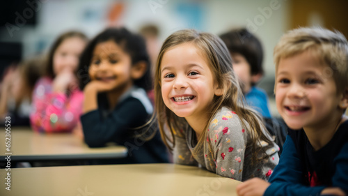 Portrait of smiling kids sitting at desk in classroom at school
