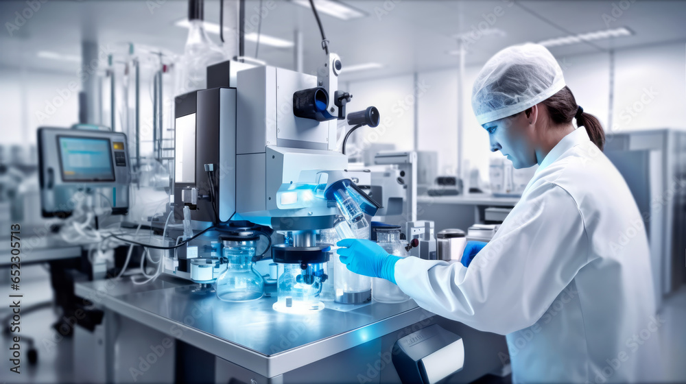 woman woking with equipment automated in the production line at pharmaceutical factory. Scientist working in the products medical development laboratory. Generative ai woman woking with equipment automated in the production line at pharmaceutical factory. Scientist working in the products medical development laboratory. Generative ai