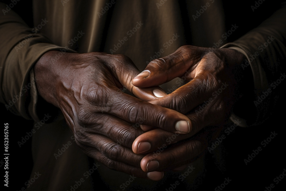 Fototapeta premium Afro-American intertwined hands. Black history month. Close up shot of unrecognizable person.