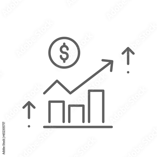 Financial growth icon. Dollar coin with increase arrow and statistics graph. data business finance report. Growing bar. line style editable stroke Vector illustration Design