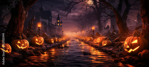 Halloween background with pumpkins and haunted castle. 3d render