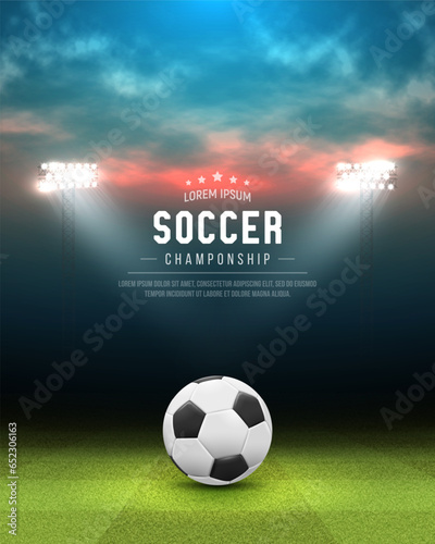 Football stadium with green field and ball illuminated by spotlights. Vector template for your design.