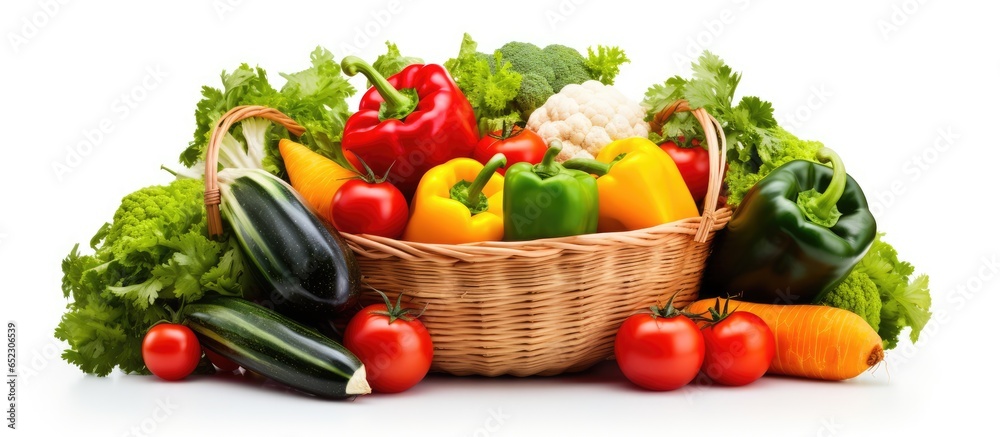 Vegetable composition with basket on white background Vegetable composition with basket on white background