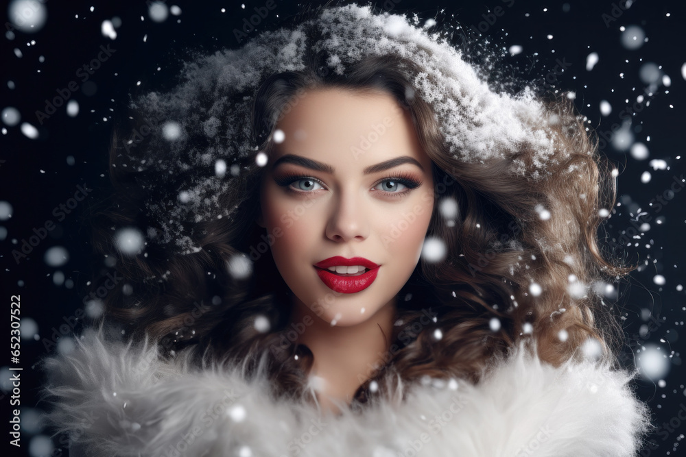Fashion woman with glamorous make up. Winter colors. Falling snow effect. Christmas mood