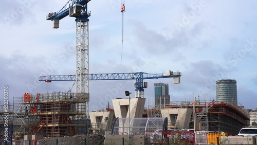 HS2 Curzon Street Birmingham building site.
Cranes, scaffolding and concrete structure at the Curzon Street site for the new rail link to London, HS2. photo