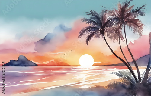 watercolor painting of palms tree beach with sea.watercolor style.Generative AI