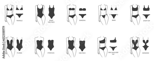 Collection of swimwears on a woman's body. Different types of swimsuits. Vector illustration isolated on white background