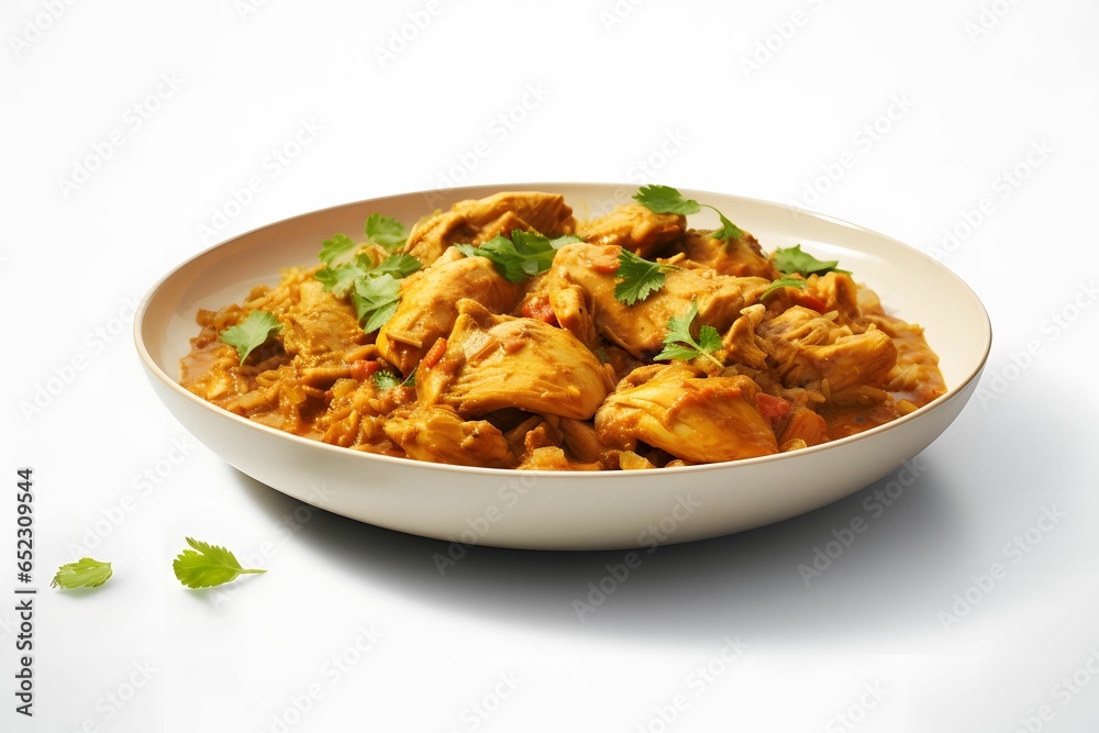 Promotional commercial photo Curried Chicken in a plate on a white background. Promotional commercial photo Curried Chicken in a plate on a white background.