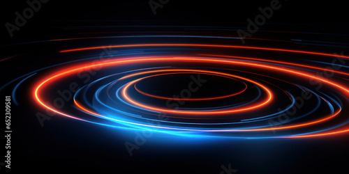 Neon futuristic flashes circles stripes on black background.