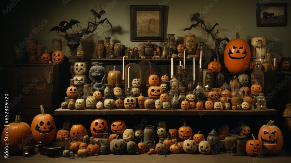 A vibrant array of halloween-inspired pumpkins adorns a shelf, creating a playful and inviting display perfect for trick-or-treaters of all ages