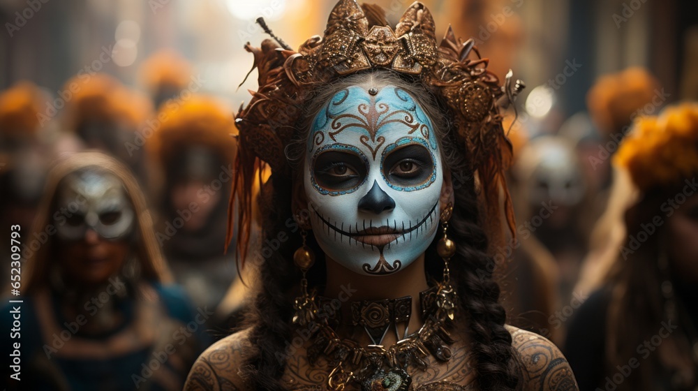 A woman adorned in vibrant clothing stands outside with a mysterious painted mask, evoking a sense of mystery and wildness
