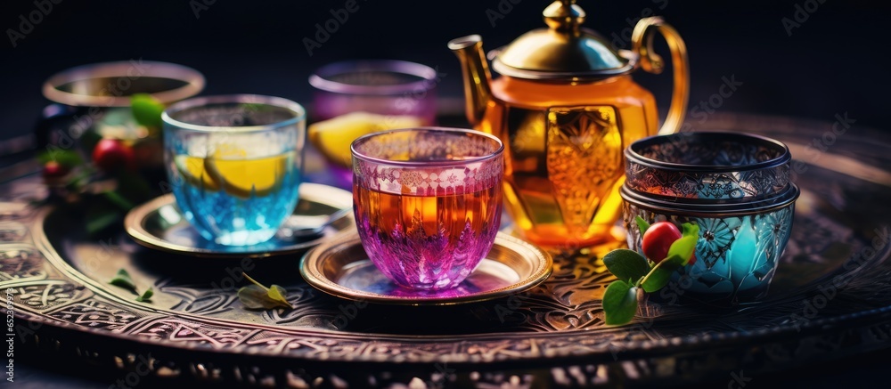 Vintage style picture showcasing a colorful Oriental tea table arrangement