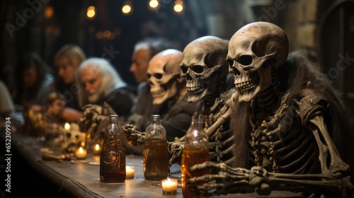 A mysterious gathering of individuals shrouded in skull-embellished attire enjoy a somber yet spirited celebration of unknown origin around a wooden table adorned with glasses of a strange liquid