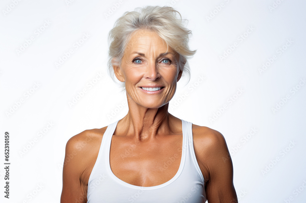 Photo of muscular senior woman on white background Photo of muscular senior woman on white background