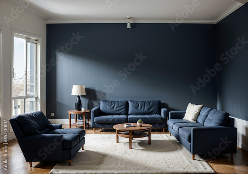 sofa and recliner chair in Scandinavian apartment, Interior design of modern living room, Dark blue color theme