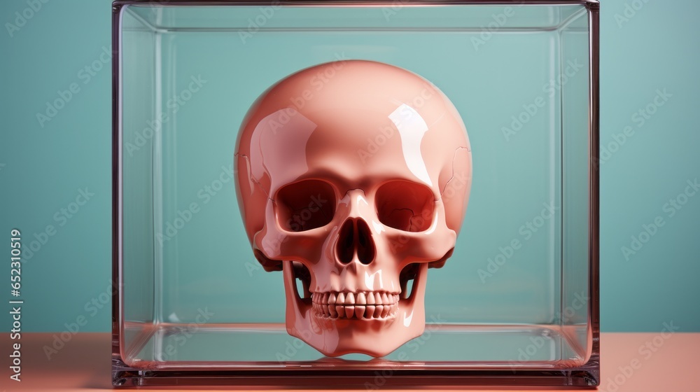 A mysterious pink skull sits eerily in an indoor glass box, an eerie reminder of mortality and the fragility of life A mysterious pink skull sits eerily in an indoor glass box, an eerie reminder of mortality and the fragility of life