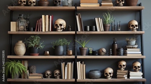 A captivating and eclectic display of skulls, books, and various houseplants adorns the full bookshelf, adding a unique touch of life and charm to any wall photo