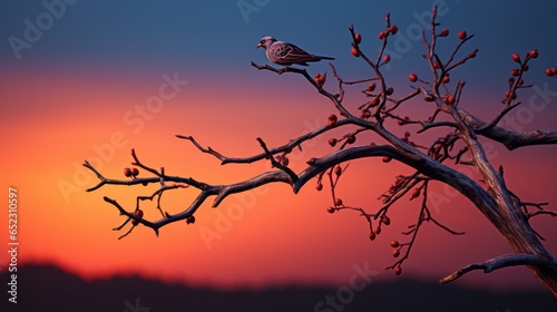 A sunset sky bathed in a soft  golden light creates a majestic backdrop for a bird perched on a fragile twig of a tree  creating a stunning portrait of nature s beauty