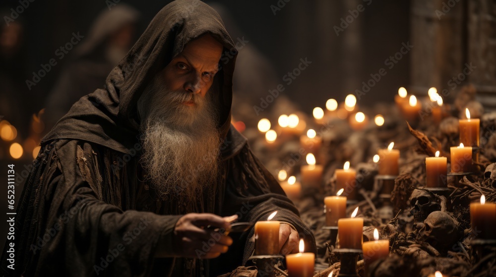 A solitary figure in a flowing robe illuminates the room with an array of flickering candlelight, creating an atmosphere of warmth and tranquility