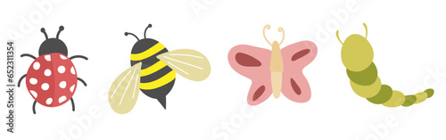 Set of insects. Butterfly, ladybug, bee and caterpillar. Vector clipart.