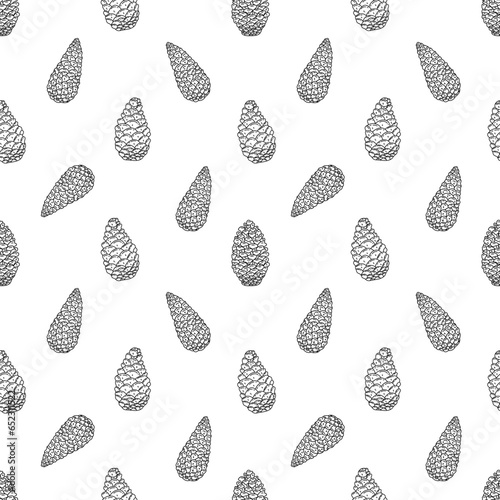 Seamless pattern with pine cones on white background. Black and white vector illustration doodle hand drawn. Wrapping or textile, print for fabric or paper