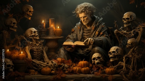 A single candle illuminates a solitary figure, surrounded by an eerie art display of skulls and pumpkins, lost in a hauntingly beautiful halloween night of reading