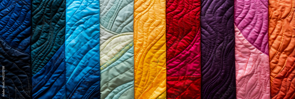 Close-ups showcasing unique quilting patterns on diverse colorful textile backgrounds  - obrazy, fototapety, plakaty 
