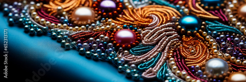 Macro captures of bead embroidery details on assorted soft textile backgrounds 