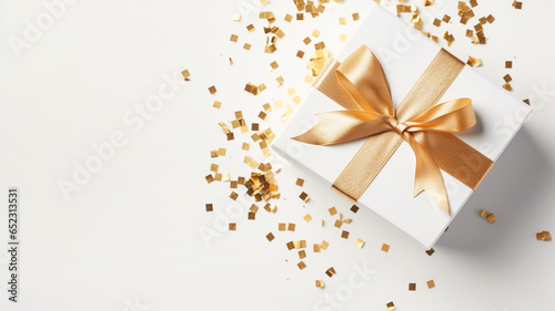 White gift box tied with gold ribbon star shaped confetti on neutral background. Holiday presents shopping celebration concept