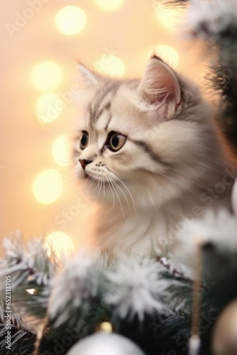 cat near the Christmas tree. christmas pets. happiness, celebration and fun. furry animals
