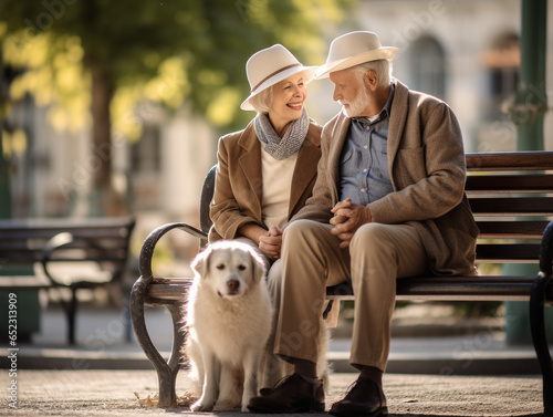 elderly couple walking in the park with a dog at the sunny day