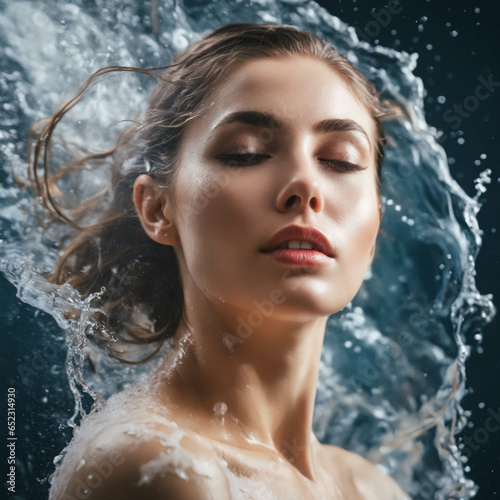 Abstract concept, beautiful woman relaxing, splash of water behind her, beauty products concept
