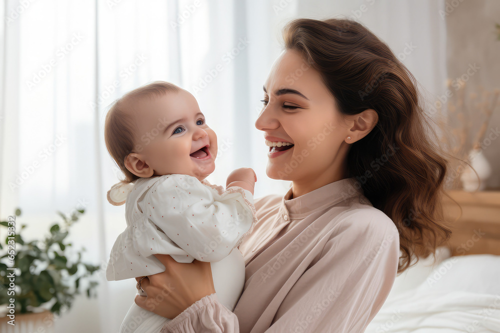 smiling loving mom with a cute happy baby at home