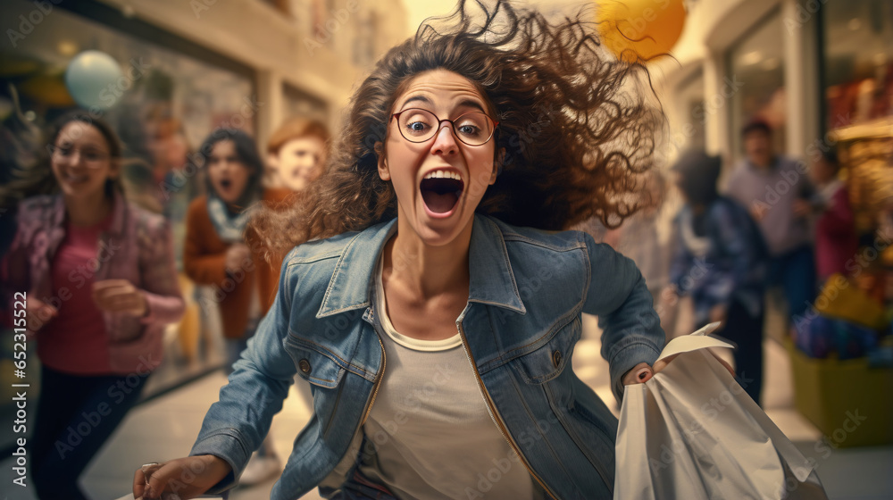 Joyful woman racing through a mall with her shopping bags in tow
