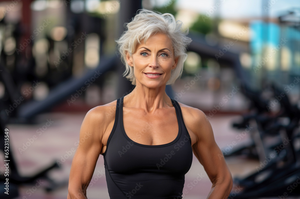 Photo of muscular senior woman in front of the fitness club