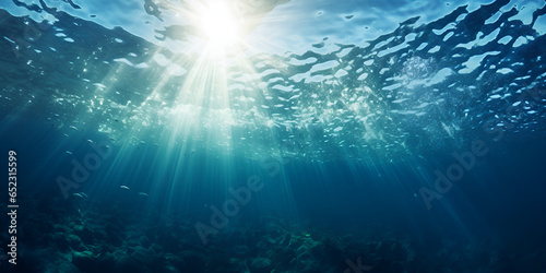 Under the sea  sun rays on the water surface 