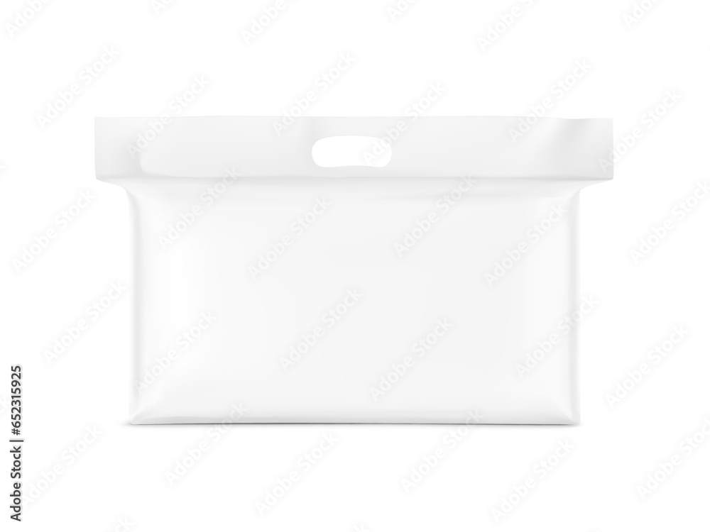 Realistic stand bag with hole handle mockup. Front view. Vector illustration isolated on white background. Ready for your design. Suite for the presentation of diaper,  foods, wet wipe.