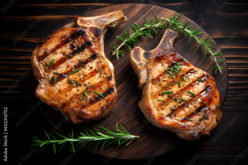 Grilled or pan fried pork chops on the bone with garlic and rosemary Grilled or pan fried pork chops on the bone with garlic and rosemary