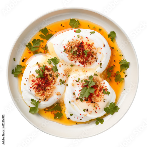 Top view of Turkish food Clbr Turkish Poached Eggs isolated on a white transparent background photo