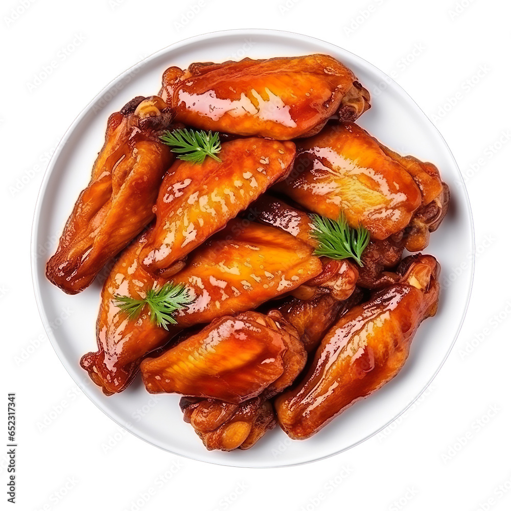 Top view of Turkish food Tavuk Kanat Chicken Wings isolated on a white transparent background
