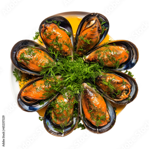 Top view of Turkish food Midye Dolma Stuffed Mussels isolated on a white transparent background
