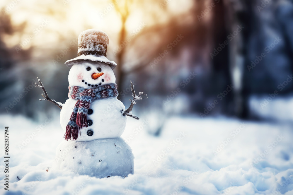 Obraz premium Snowman with carrot nose, scarf and hat on snow in winter
